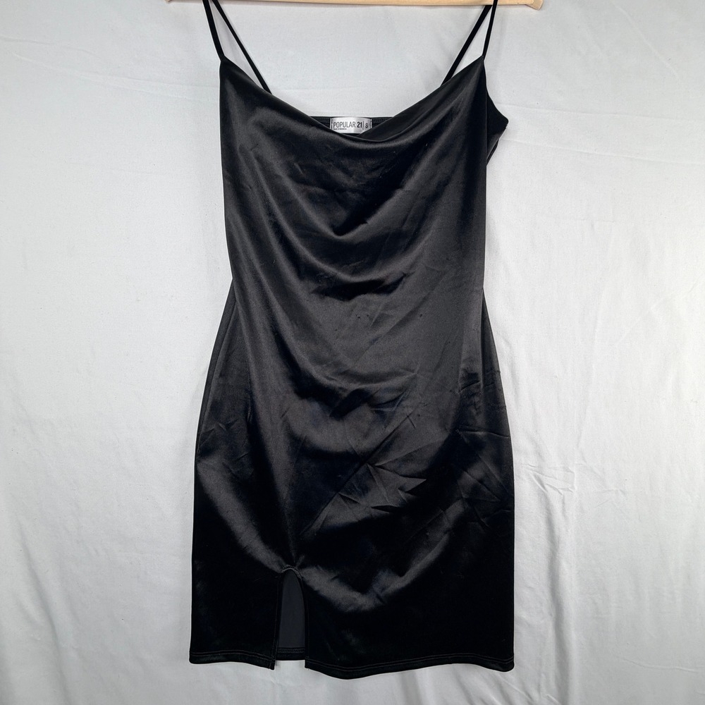Popular 21 Black Satin Cowl Neck Mini Dress Small Spaghetti Strap Side Slit 1606